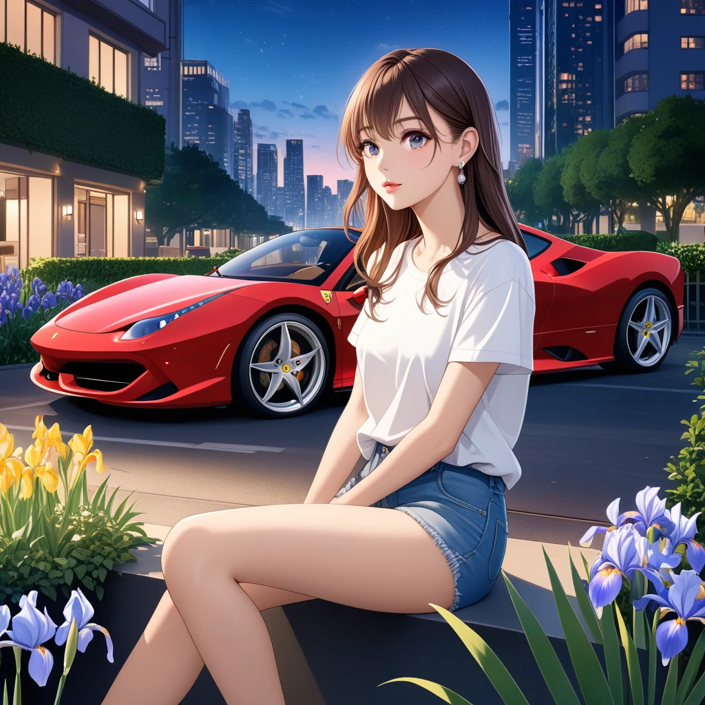 Highest quality, masterpiece, Ultra-high resolution, (CG: 1.4), Anime illustration, (Evening City), 1 person, Iris, Looking at the audience, Long Hair, light makeup, lips, Small ears, White T-shirt, Denim shorts, Earrings, Sit in Ferrari,, slim, Neat, garden