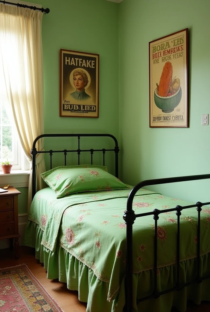 A vintage room, with a classic black iron bed, green sheet with flowers, light green walls decorated with posters