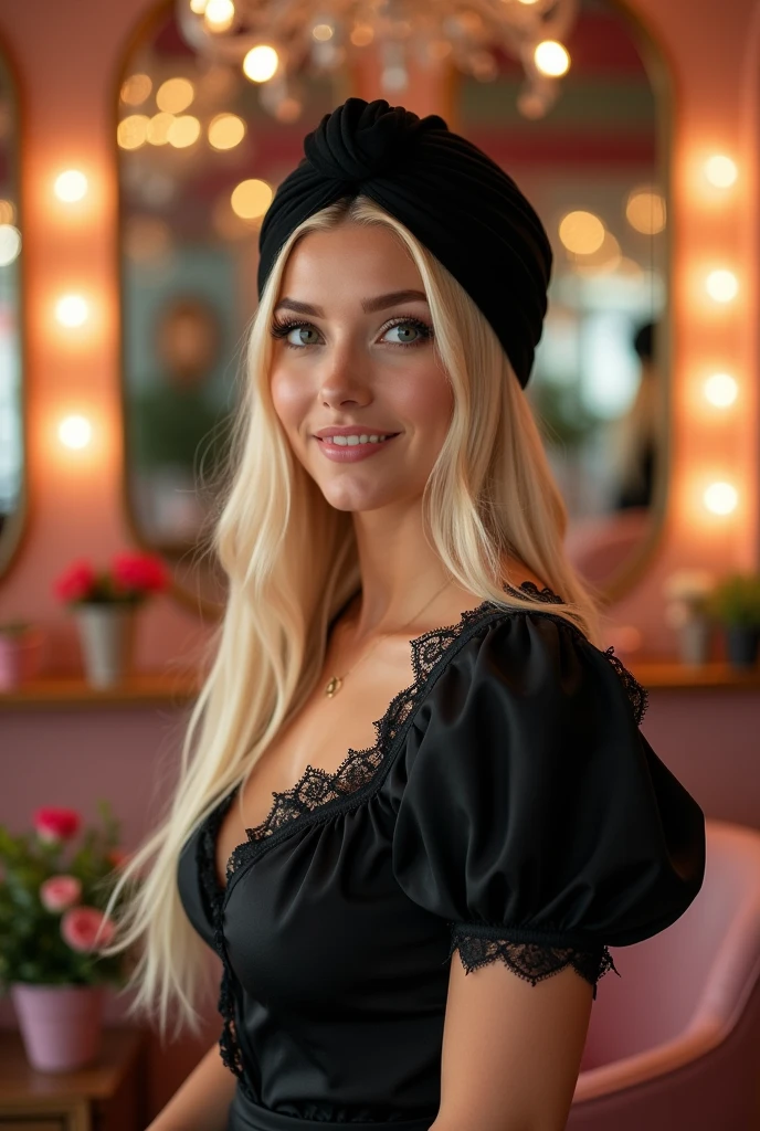 A beauty professional wearing a black princess-style short-sleeved blouse and a black turban., extremely straight blonde hair, mature, curvy woman, to do in Disney style drawing 
