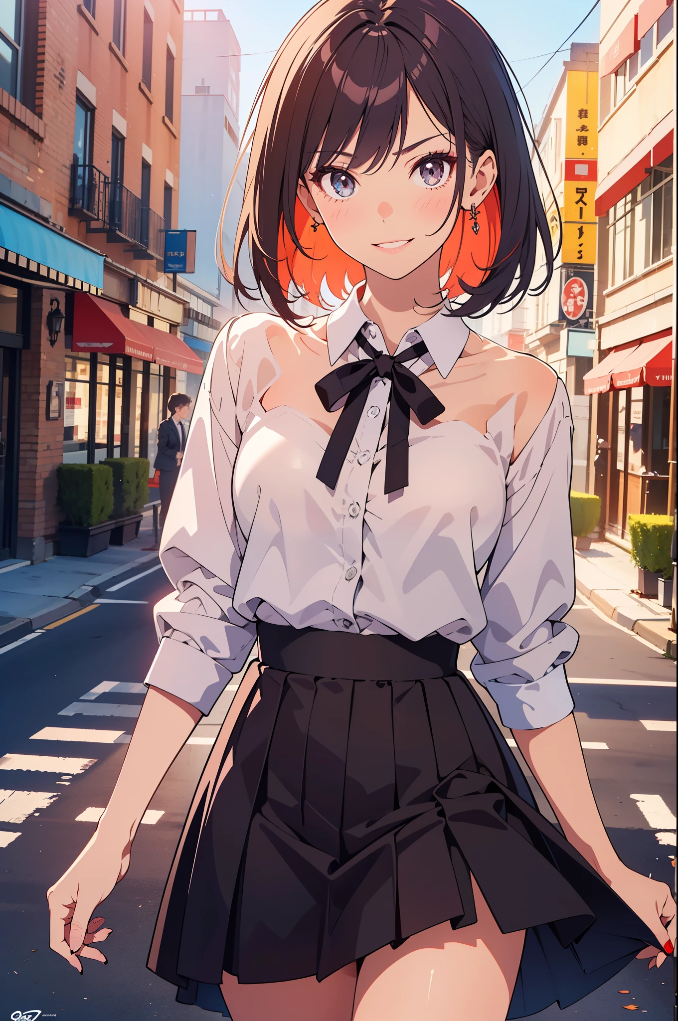 (best quality:1.2), (highest quality:1.2), (perfection:1.1), (flawless:1.1), urban street, 1girl, crazy girl, (dominant look:1.3), evil smirk, short height, blouse, skirt, (straight hair:1.1), small breasts, (best quality eyes:1.1), highly detailed, 8k, best quality resolution, (most beautiful upscale:1.1)