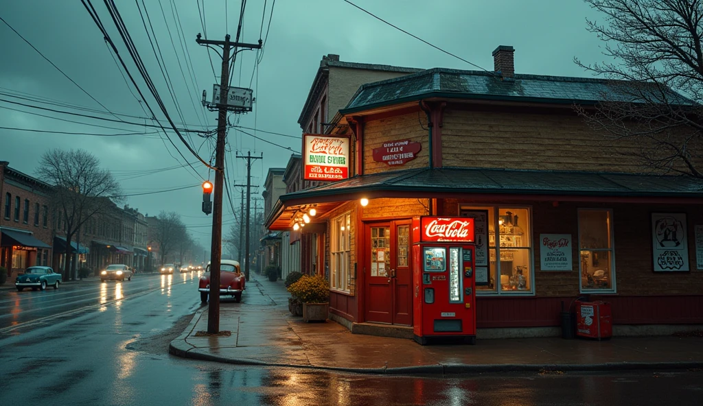 masterpiece, best quality:1.2), ultra detailed, cinematic lighting, HDR, ilustration, corner store, rain, vending machine, no humans, day, scenery, outdoors, shop, convenience store, road, trash can, street, power lines, building, can, dark, coca-cola, sky, sign, motor vehicle, ground vehicle, utility pole, alley, lamppost, car , extremely detailed, realistic CG art, masterpiece), evoking the atmosphere of Chicago in 1930, featuring (nostalgic architecture, historic streets, traditional marketplaces, bustling crowds, vintage cars, intricate details), using (warm, vivid, and rich colors) to bring out the essence of the era.