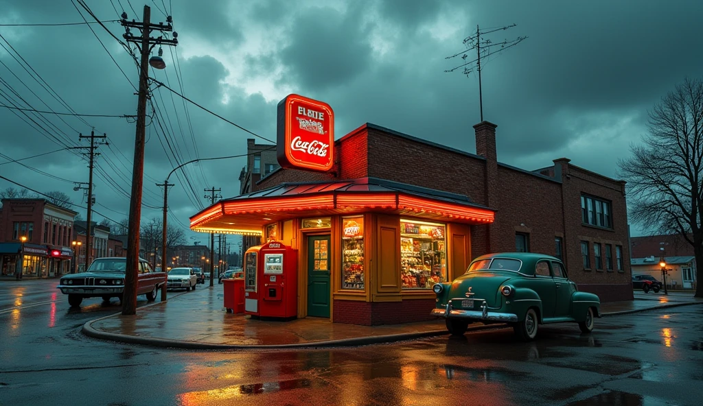 masterpiece, best quality:1.2), ultra detailed, cinematic lighting, HDR, ilustration, corner store, rain, vending machine, no humans, day, scenery, outdoors, shop, convenience store, road, trash can, street, power lines, building, can, dark, coca-cola, sky, sign, motor vehicle, ground vehicle, utility pole, alley, lamppost, car , extremely detailed, realistic CG art, masterpiece), evoking the atmosphere of Chicago in 1930, featuring (nostalgic architecture, historic streets, traditional marketplaces, bustling crowds, vintage cars, intricate details), using (warm, vivid, and rich colors) to bring out the essence of the era.