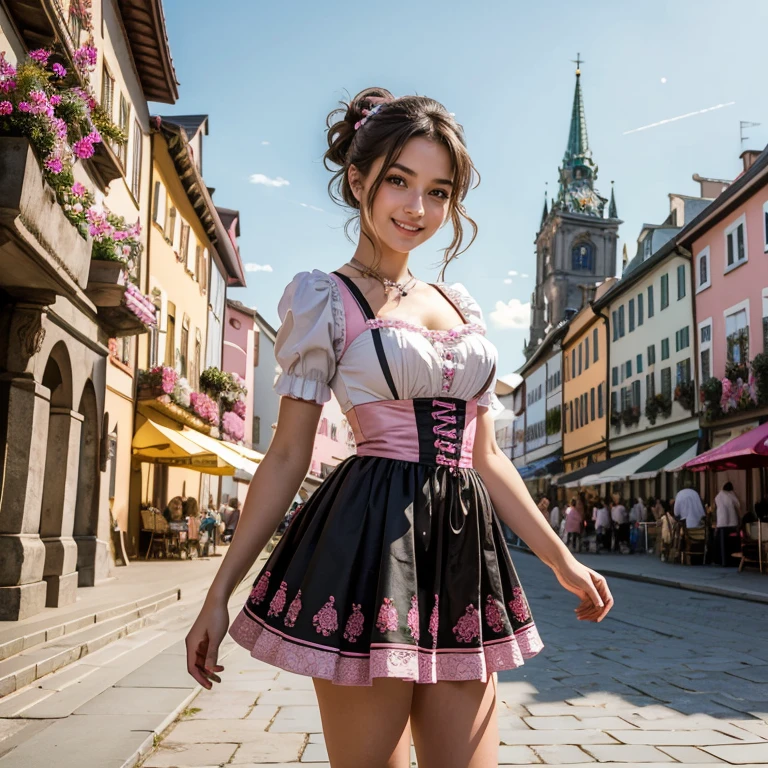 (masterpiece, best quality:1.5), highest quality, High resolution, super detailed, Realists, Upper body photo of a 16-year-old brunette girl, detailed and beautiful eyes, beautiful detailed lips, very detailed eyes and face, longeyelashes, A in a beautiful short shiny satin Dirndl, Details in the dress fabric, Beautiful and colorful makeup, elegant and noble々Pose, Beautiful bows in the hair, Ponytail hairstyle with a bow, Munich as a backdrop, bright daylight, bright colors, fine brushstrokes, Portrait style, beautiful color palette, glowing skin, First-class rendering, that captures every detail, enchanting atmosphere, (perfect anatomy:1.2), (The breathtaking girl is wearing a beautiful short pink and black Dirndl.. smiling in love and full of joy for the festival, nice legs. She stands next to the fountain and proudly presents herself. The girl stands and dances with joy (magnificent panorama view:1.2)