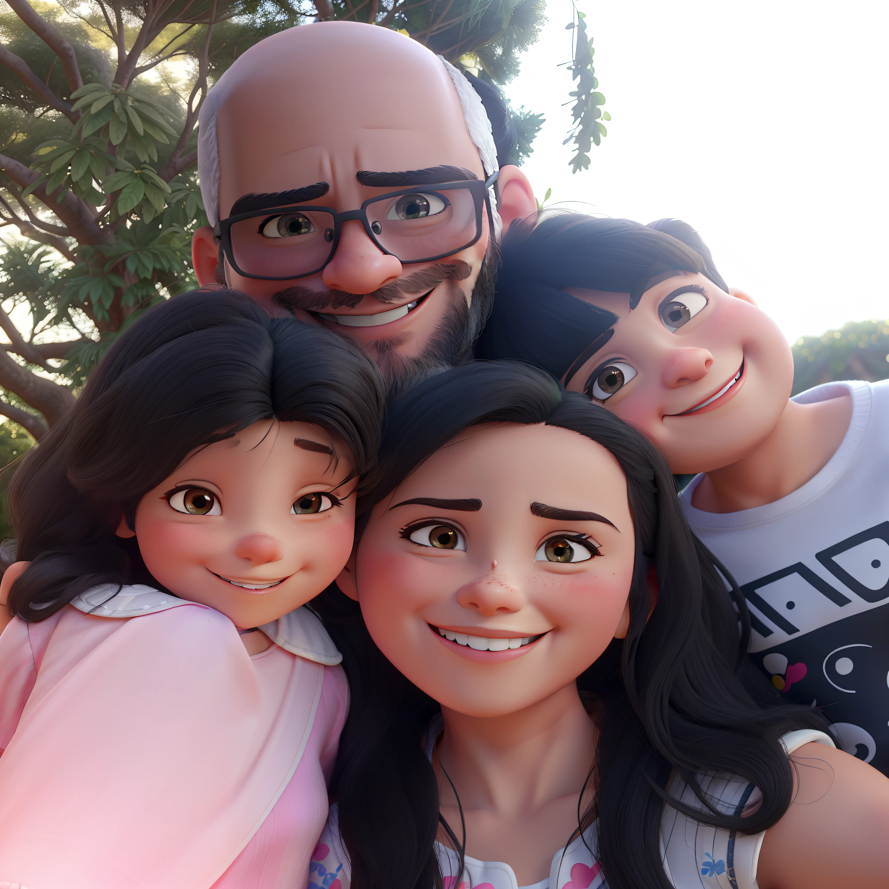 A typical Brazilian family portrayed in the Disney Pixar style with detailed features and vibrant colors. The father is a, bald South American man, with bright green eyes, well-groomed beard and wears stylish glasses. He's smiling warmly, Showing a cheerful expression.
The youngest daughter, four years old, She is dressed in a charming pink princess dress. She's a black-eyed brunette, with curly brown hair, that add a touch of sweetness to your appearance. Her face radiates happiness as she smiles enthusiastically.
The oldest son, At six years old, He is a white boy with black eyes and short black hair. Her smile is contagious and expresses joy and fun.
The mother is a white woman with black eyes, with straight black hair, that falls gracefully over his shoulders. Her smile is gentle and affectionate, radiating the happiness of being together with your family.
This depiction depicts a happy family, full of joy and love, not of the characteristic Disney Pixar style, com uma qualidade excepcional. In the background some trees.