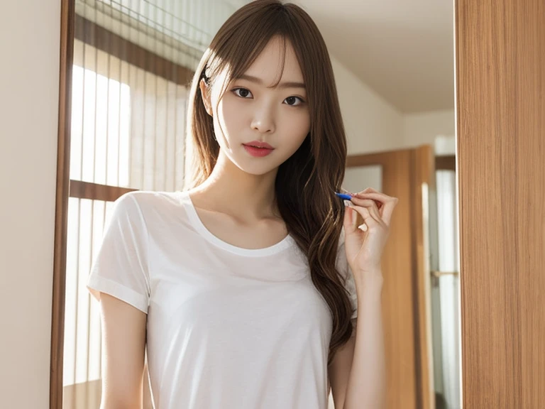 8k, born, Highest quality, masterpiece, Genuine, realistic, 超Genuine, ((whole body)), One woman, Sexy Model, (Tall slender body), Focus Only, (String), T-Shirts,  morning, indoor、height: 170cm,dentifrice、I am holding a toothbrush in my mouth..