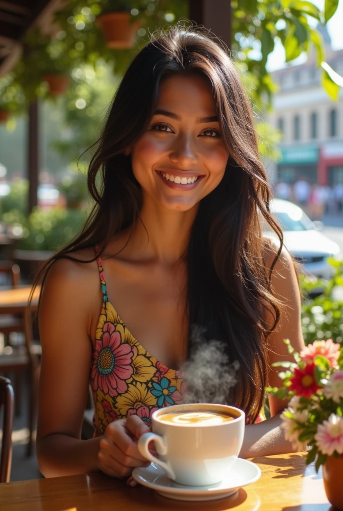 Beautiful Brazilian girl drinking coffee