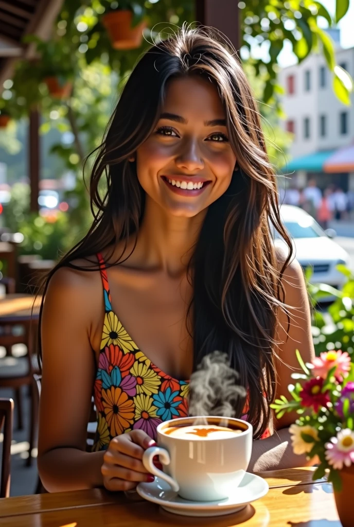 Beautiful Brazilian girl drinking coffee