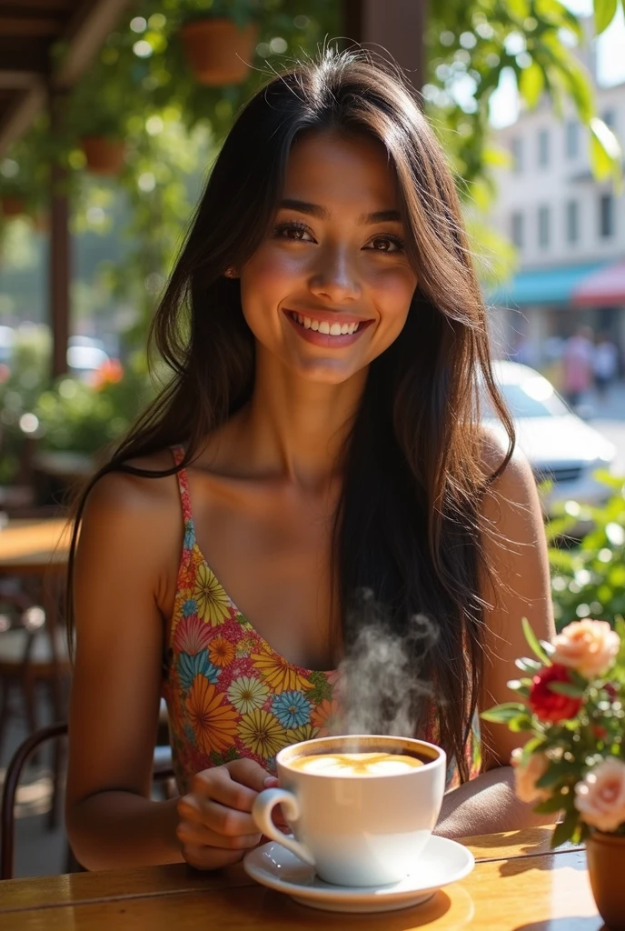 Beautiful Brazilian girl drinking coffee