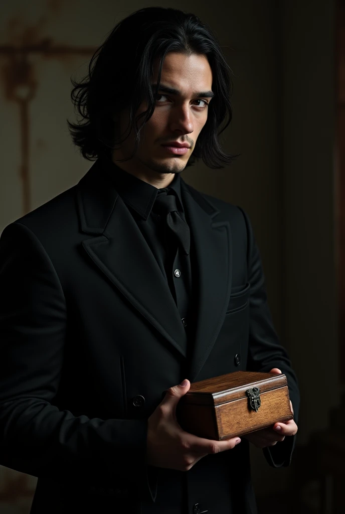 one  men, over 25 years old, with divine beauty and black hair ,  Unfriendly expression and intense look, He is wearing old black clothes and is holding a small rectangular wooden box..
