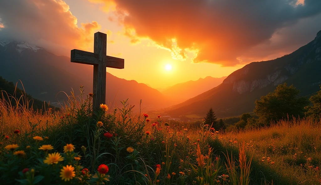 Generate images of South American and European nature, add dark tones to the images, and a beautiful strong orange sun, focus on the sun in the images with an air of hope and faith... Size 16:9 thumbnail style, when you can fit it add a cross wood in the background in the images. research before you start, and reflect.

