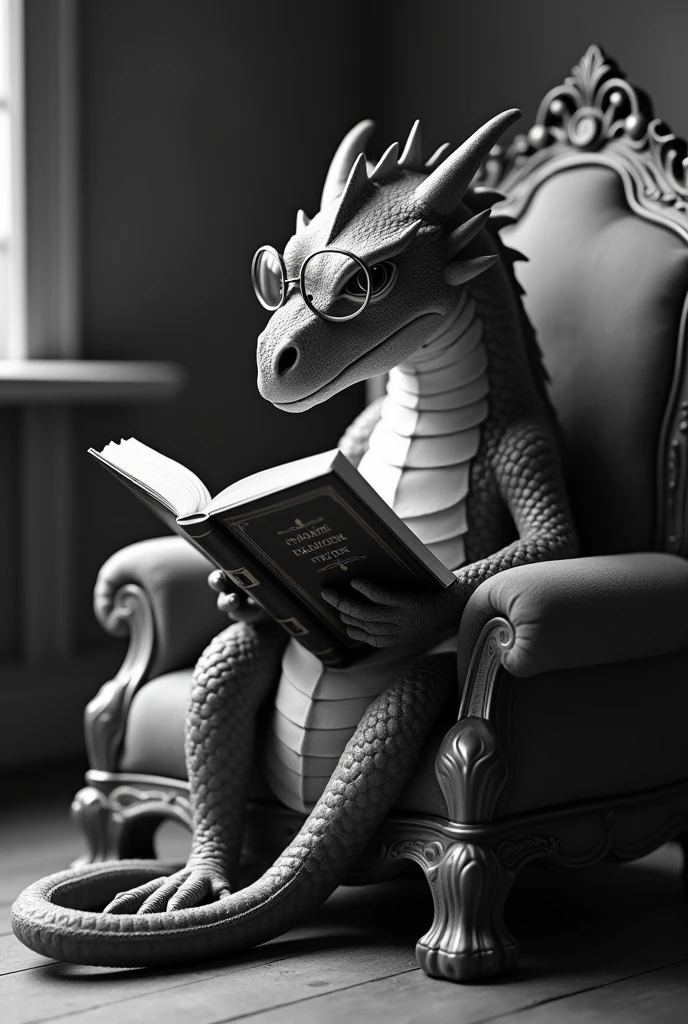 A dragon wearing glasses sits in a chair reading a book.. in black and white, with the camera a little bit to the left of the Dragon, a little bit up, No scenario, and the white scenario