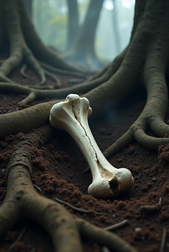a thin, skeletal creature with a humanoid form, positioned on all fours in a crouching stance. Its skin appears pale and tightly stretched over its bones, revealing prominent ribs and elongated limbs. The creature has a bald, skull-like head with sunken eyes that appear dark and hollow, giving it a ghastly and unnerving expression. Its hands are large with long, bony fingers ending in sharp, claw-like nails. The creature's environment resembles a cave or a dark, enclosed space, with a rough, earthy ground covered in sparse patches of dried grass or moss. In the background, there are faint outlines of rocks and shadows, contributing to the eerie and sinister atmosphere of the scene. The overall impression is one of a lurking, menacing figure in a desolate, underground setting.