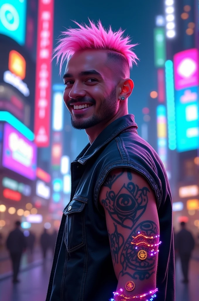 A futuristic and charismatic character, hyperrealistic style, approximately 43 years old. Wears clothes with LED lights. His hair is neon colored and he has a digital tattoo on his arm. He is surrounded by cryptocurrency holograms, NFT game icons and the Telegram logo. Background with a futuristic city full of lights and digital screens. The character is standing facing forward, with a confident and friendly expression.