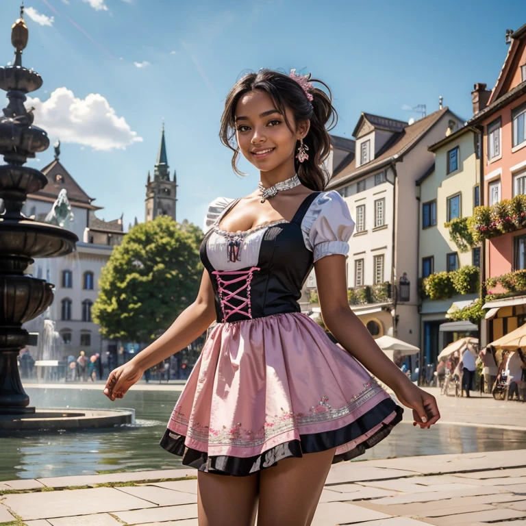 (masterpiece, best quality:1.5), highest quality, High resolution, super detailed, Realists, Upper body photo of a 16-year-old black girl, black skin, detailed and beautiful eyes, beautiful detailed lips, very detailed eyes and face, longeyelashes, A 16-year-old girl in a beautiful short shiny satin Dirndl, Details in the dress fabric, Beautiful and colorful makeup, elegant and noble々Pose, Beautiful bows in the hair, Ponytail hairstyle with a bow, Munich as a backdrop, bright daylight, bright colors, fine brushstrokes, Portrait style, beautiful color palette, glowing skin, First-class rendering, that captures every detail, enchanting atmosphere, (perfect anatomy:1.2), (The breathtaking girl wears a beautiful short pink and silver dirndl.. smiling in love and full of joy for the festival, nice legs. She stands next to the fountain and proudly presents herself. The girl stands and dances with joy (magnificent panorama view:1.2)