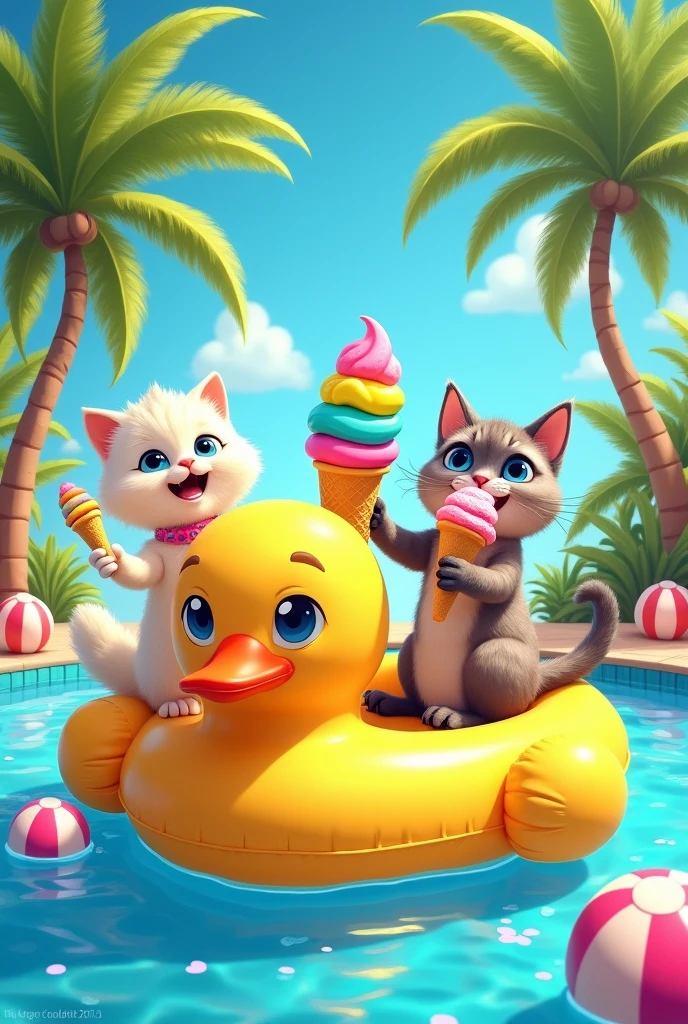 Generate an image of cats eating ice cream in a pool on a duck inflatable