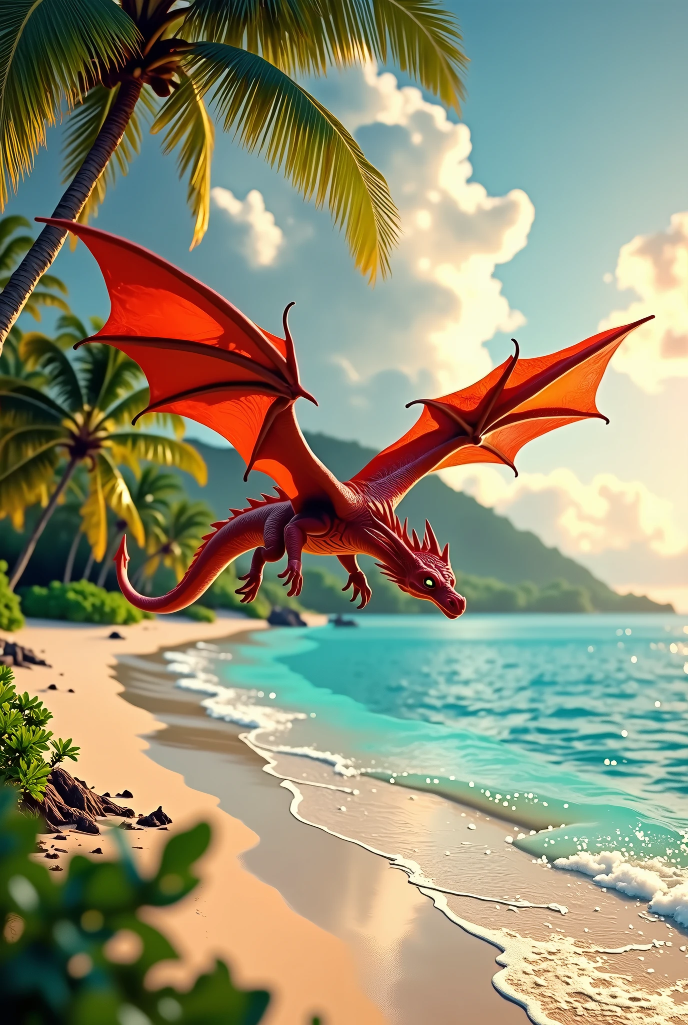 A highly detailed, cinematic scene featuring a majestic red dragon flying over a tropical beach. The dragon's textured scales reflect the warm colors of a sunset, while the beach is surrounded by lush tropical vegetation. The camera captures the vast landscape in a wide-angle shot, with a low, slightly tilted angle that emphasizes the dragon's impressive size. Soft, golden light from the setting sun bathes the entire scene, creating a serene contrast between the vibrant blue water and the warm tones of the sky. The beach and surrounding forest are sharply detailed, with leading lines guiding the viewer’s eye towards the horizon and the flying dragon.