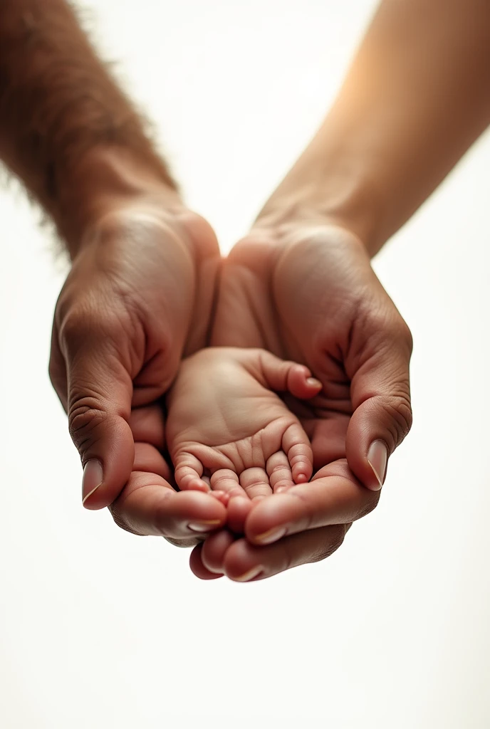 Close-up of a man's hand, a thin woman's hand and a small baby's hand overlapping on a white background. The warm light gently illuminates the hand, highlighting the texture of the hand's skin and the softness of the baby's hand.