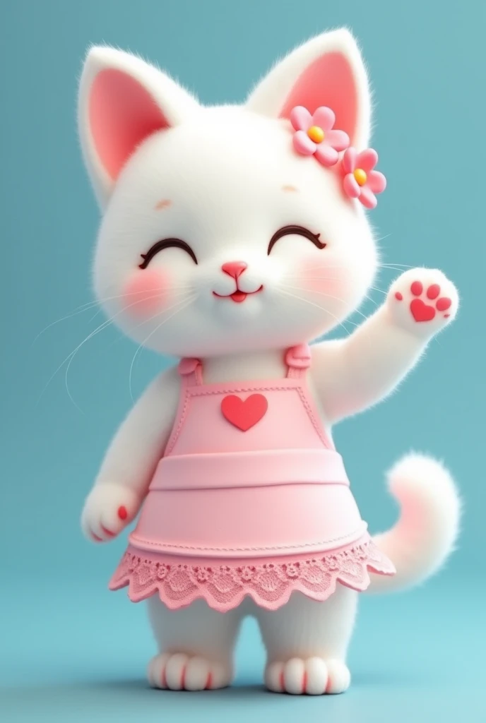 slender and very cute white cat, pink flowers on the ears, Standing and waving, pink heart mark on belly, lace apron from the waist down, pink tail, cute effect in pastel tones, Glow effect, blue photo background