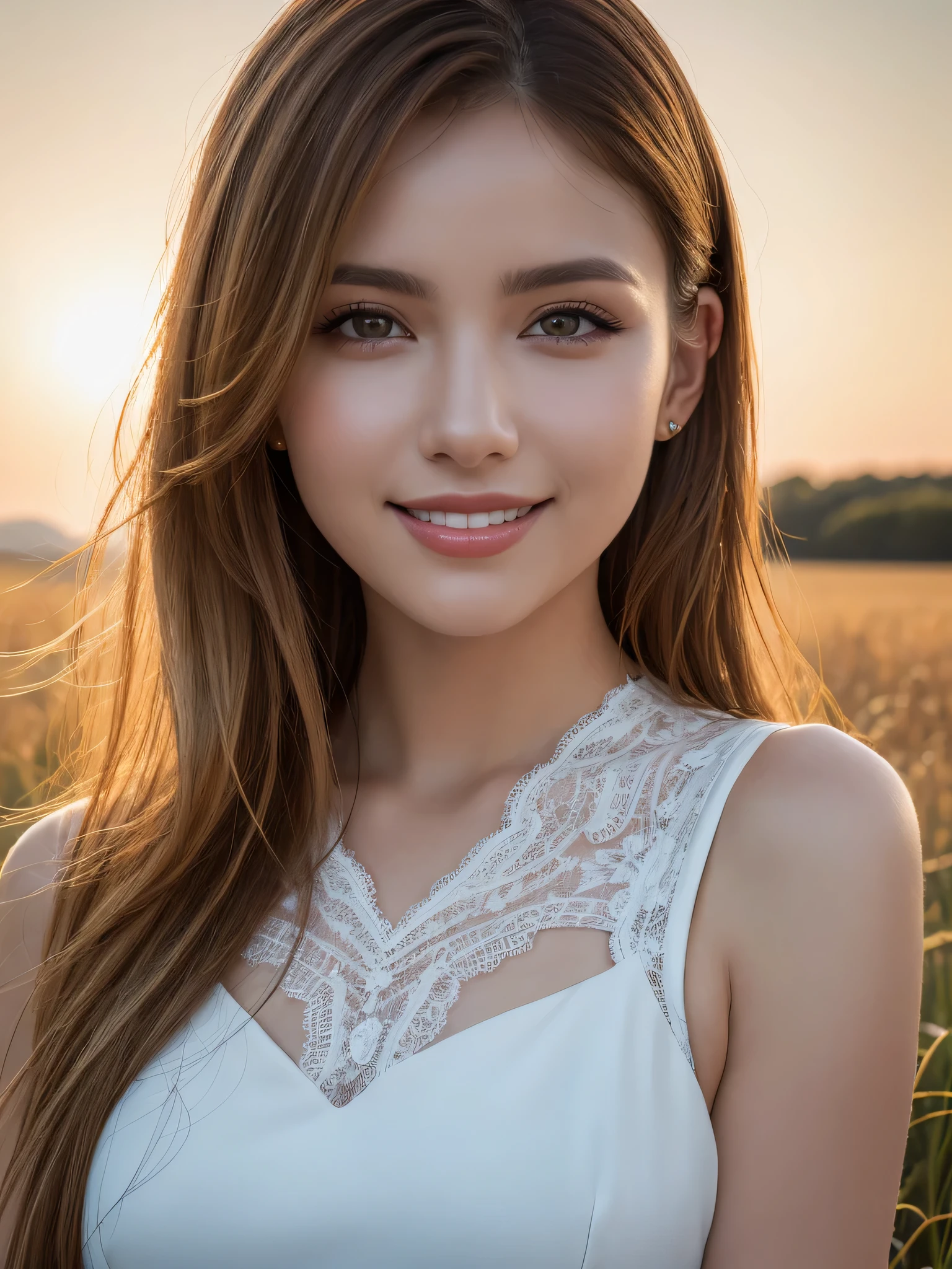 1Women, unique faces, (beautiful women, blonde hair), (smile:1.2), (beautiful lace costumes), (Best Quality:1.4), Realistic, extremely detailed CG unified 8k wallpaper, highly detailed, High-definition raw color photos, professional photography, Realistic portrait, Close up portrait of Women, Outdoors, Beautiful scenery, grassland, nature, vastness, elegance, Beautiful detailed, upper body photos, (Fine face:1.2),