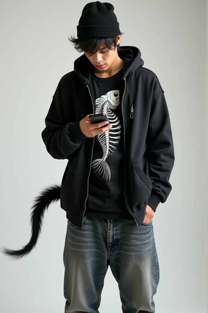 Hot asian man. He is wearing a baggy black hoodie with zip and it’s open and u can see his black shirt with a fish skeleton printed on it. His abs are slightly showing and he is wearing baggy jeans and sneakers. He is listening to music on his phone. He has a black beanie on his head. He is standing and looking at his phone. He has black fluffy hair and a TAIL