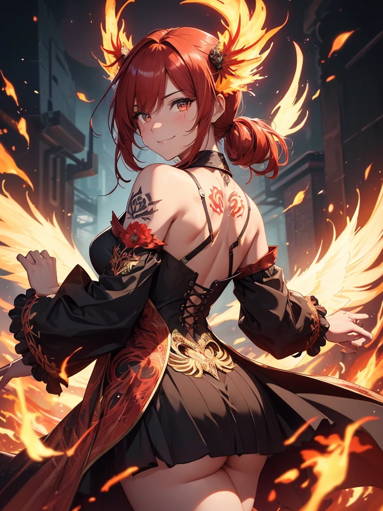 (((best quality, sharp image, clear image, cinematic lighting, 8k resolution, masterpiece, ultra detailed, intricate))) Girl, (((looking over left shoulder))), (shot from behind), ((shot from hip up)), fiery red hair, pigtails, ((intricate black dress)), ((flaming sigils, flaming runes)), spiky rock formations, (flaming lotus flowers frame), (intricate background), (chaotic background), (busy background), ((Phoenix)), (swirling flames), smiling,tatoo on back