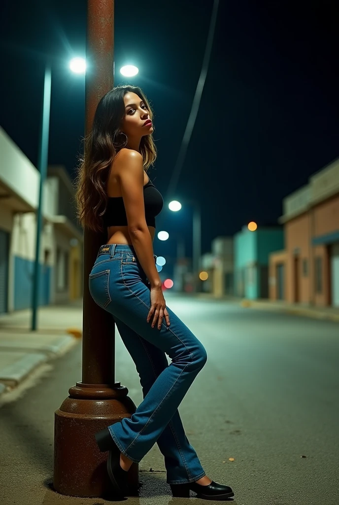 woman in jeans sitting on a pole, pants lowered to her knees, deserted street scene at night, bright light, slutty latina woman.
longe
