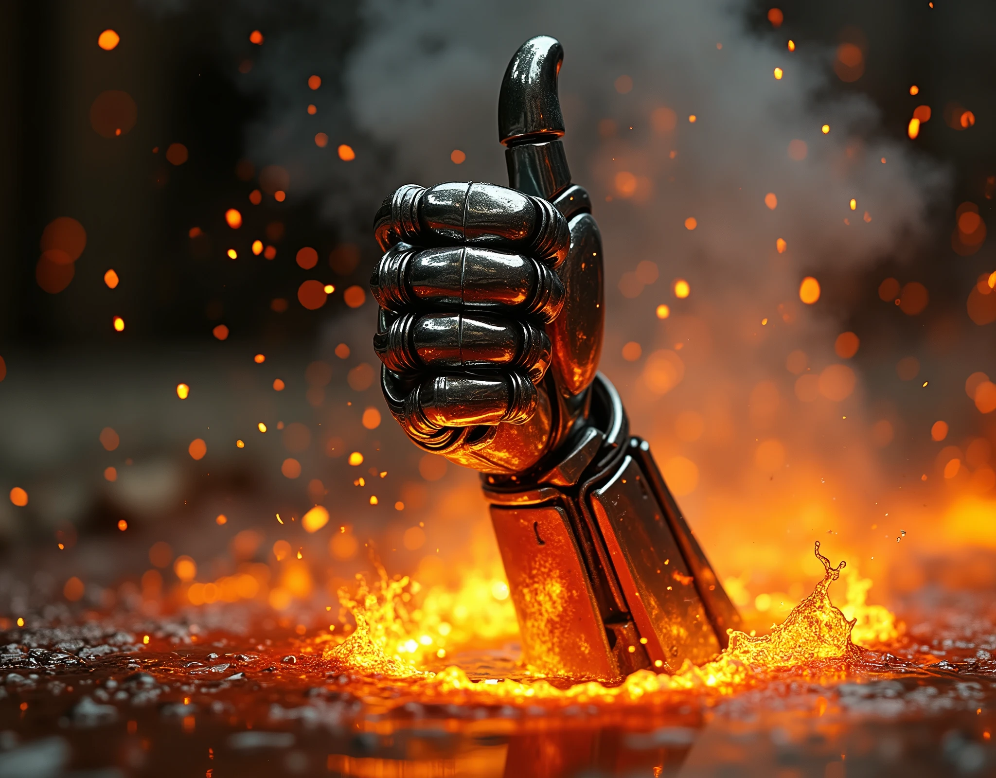 Terminator\(movie\) giving a thumbs up with only his arm sticking out of the unraveling steel pool, a scene from the movie, the climax,close-up image of the hand