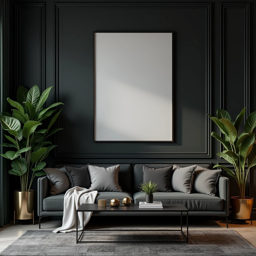 A4-sized black frame with a blank canvas, featured in a luxury living room. The dark color palette, combined with green plants and subtle metallic accents, highlights the minimalist yet opulent style of the room, emphasizing the frame's central position.