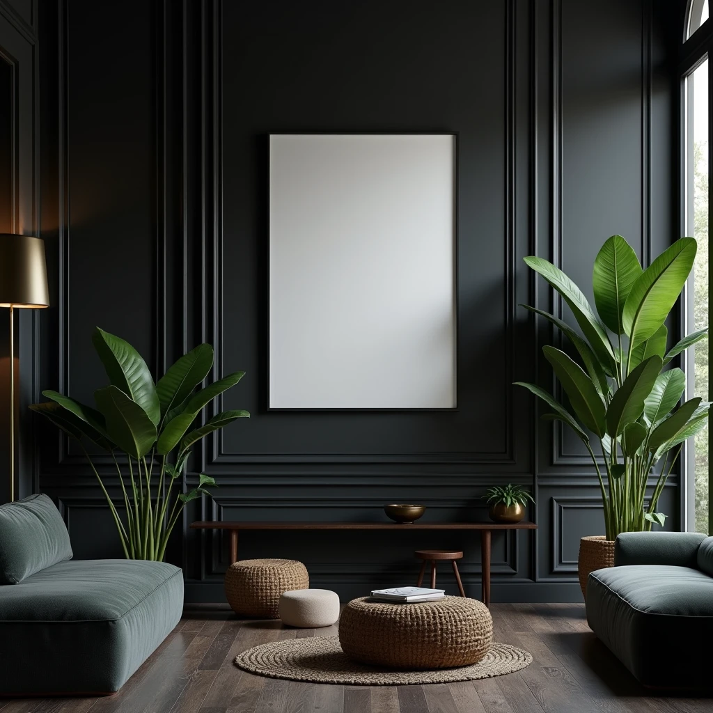 A4-sized black frame with a blank canvas, featured in a luxury living room. The dark color palette, combined with green plants and subtle metallic accents, highlights the minimalist yet opulent style of the room, emphasizing the frame's central position.