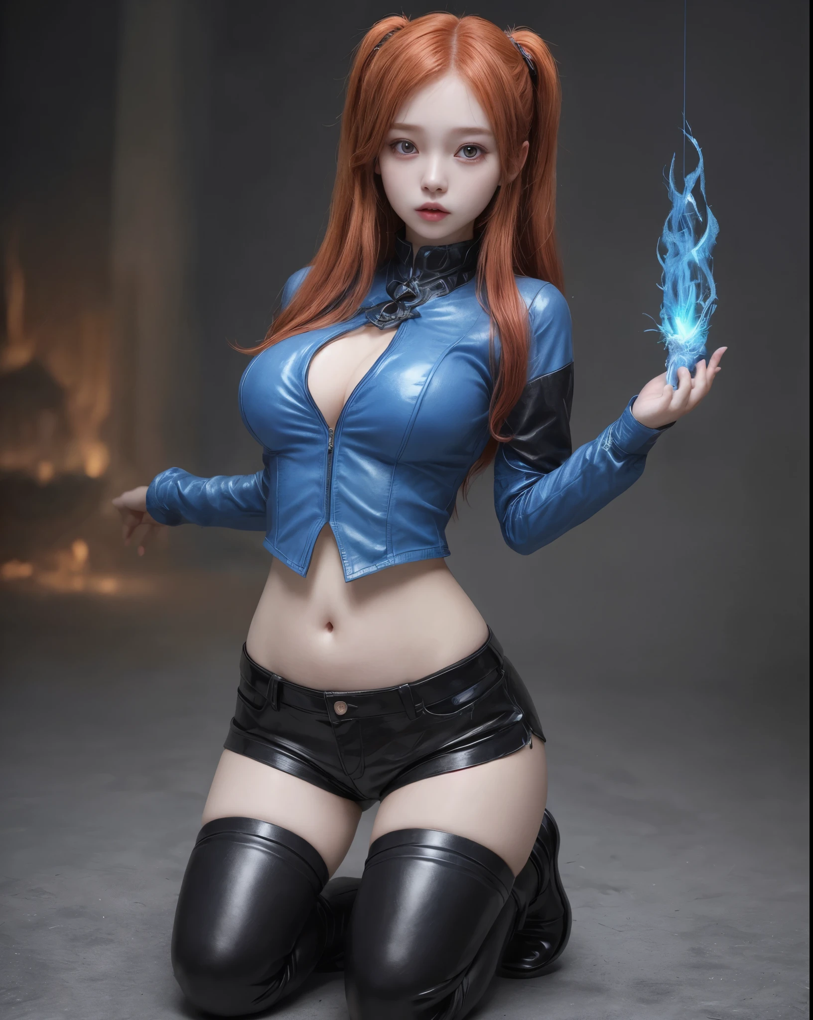 young girl, kim chaewon as a sexy young girl, full body view, fullbody, full body, kim chaewon is a girl, 1girl, fantasy gothic city background, kim chaewon, girl, small breast, figure, long red hair, red eyes, face front, tight fantasy outfit, belly exposed, legs exposed, leather shorts, emotional face, make up, masterpiece, best quality, female sorcerer, blue fire power, blue fire around her, create blue fire from hands
