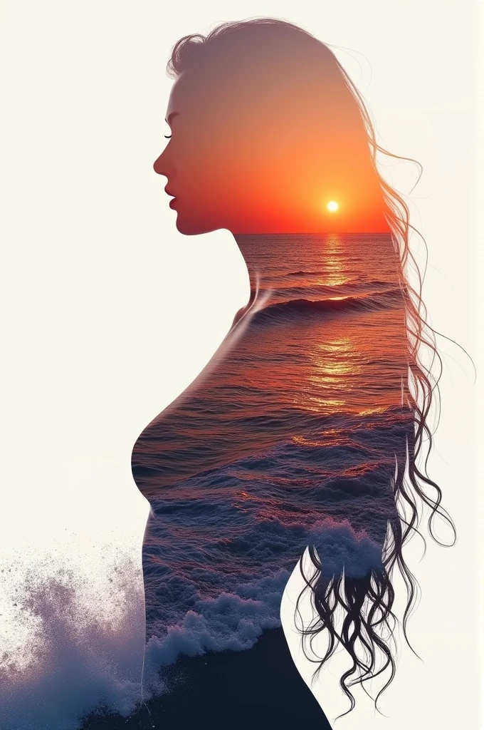 high quality, 8K Ultra HD, A beautiful double exposure that combines an goddess silhouette with sunset coast, sunset coast should serve as the underlying backdrop, with its details incorporated into the goddess , crisp lines, The background is monochrome, sharp focus, double exposure, by yukisakura, awesome full color,