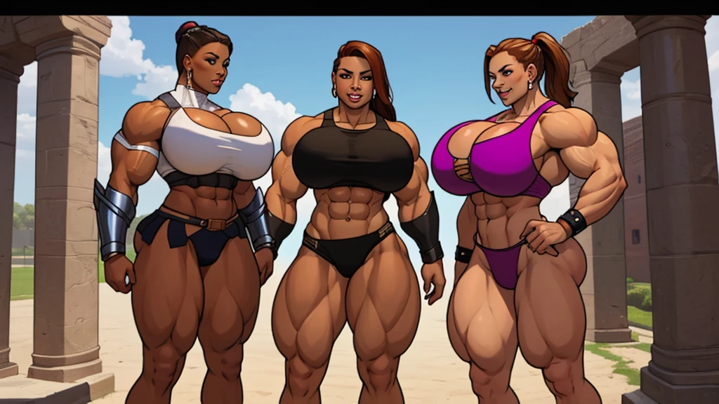 group of young girls, gladiators, young, s, muscular, athletic, buff, attractive, curvy, powerful, varied ethnicities, incase, super tanned, extremely huge thighs, hypermuscular legs, extremely pumped up quad muscles , wearing skimpy armors, perfectly round breasts, breast implants, unaligned breasts,