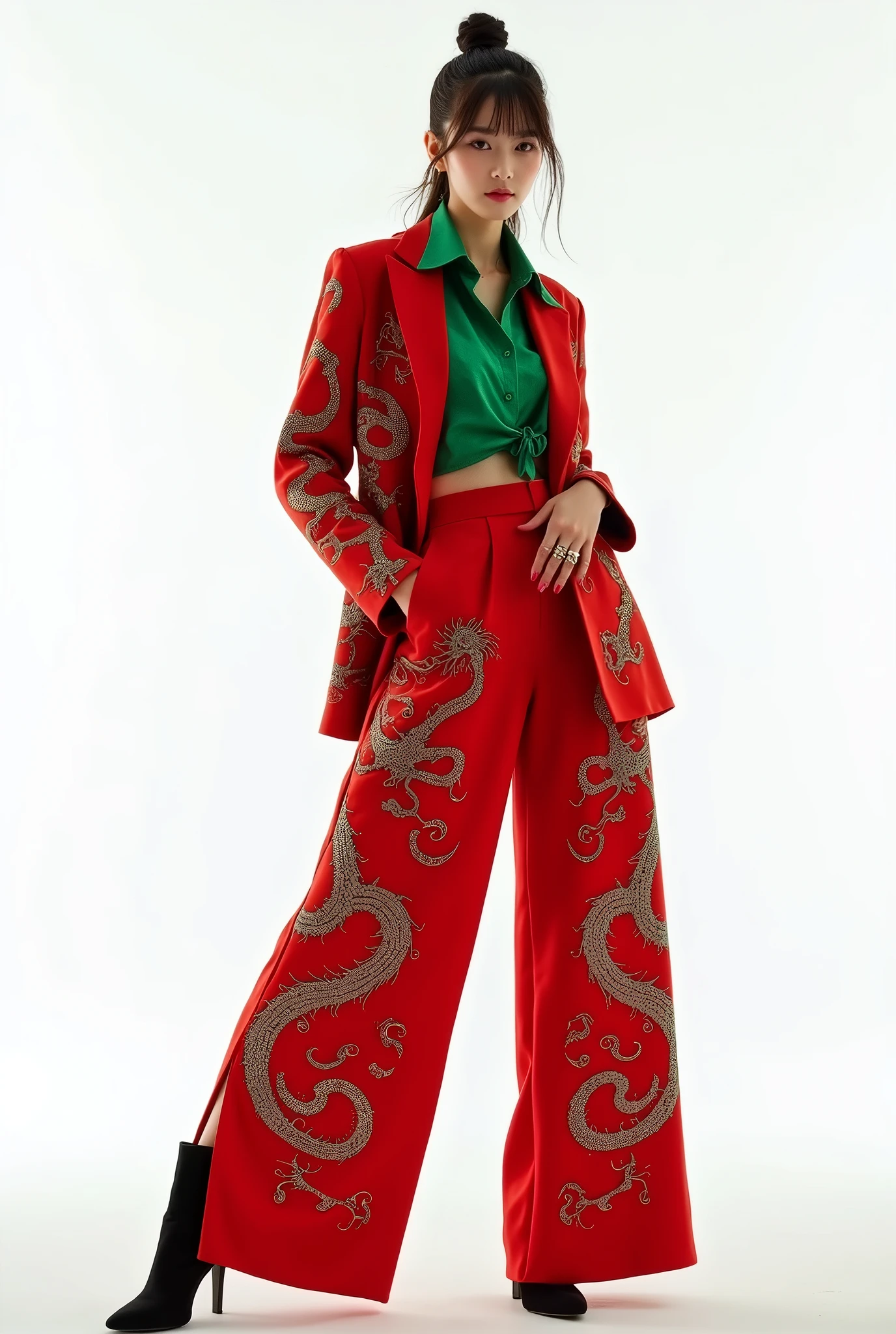 korean model girl wearing red suit with lot of chineese dragon pattern , overr size pants , posing for photo , cinematic , white background , rings , high boots , green shirt , full body
