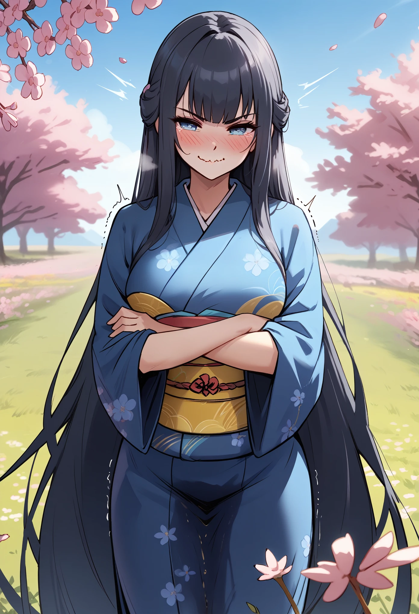 1girl, woman, (wetting self:1.25), desperation, (very long hair:1.5), straight hair, very long bangs, huge breasts, black hair, blue eyes, furisode, kimono, dark blue kimono, yellow furisode, (blushing:1.5), aroused, orgasm, (smirk:1.5), (wavy mouth:1.25), (tears:1.25), (trembling:1.5), (arms crossed:2.0), field, cherry blossoms