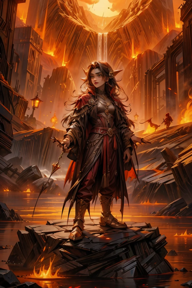 red goblin warlock, lava molten desolated rocky background