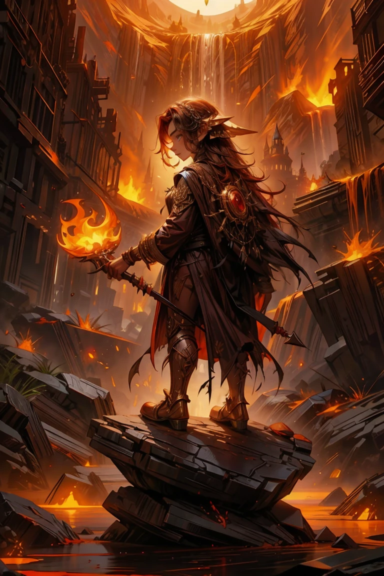 red goblin warlock, lava molten desolated rocky background