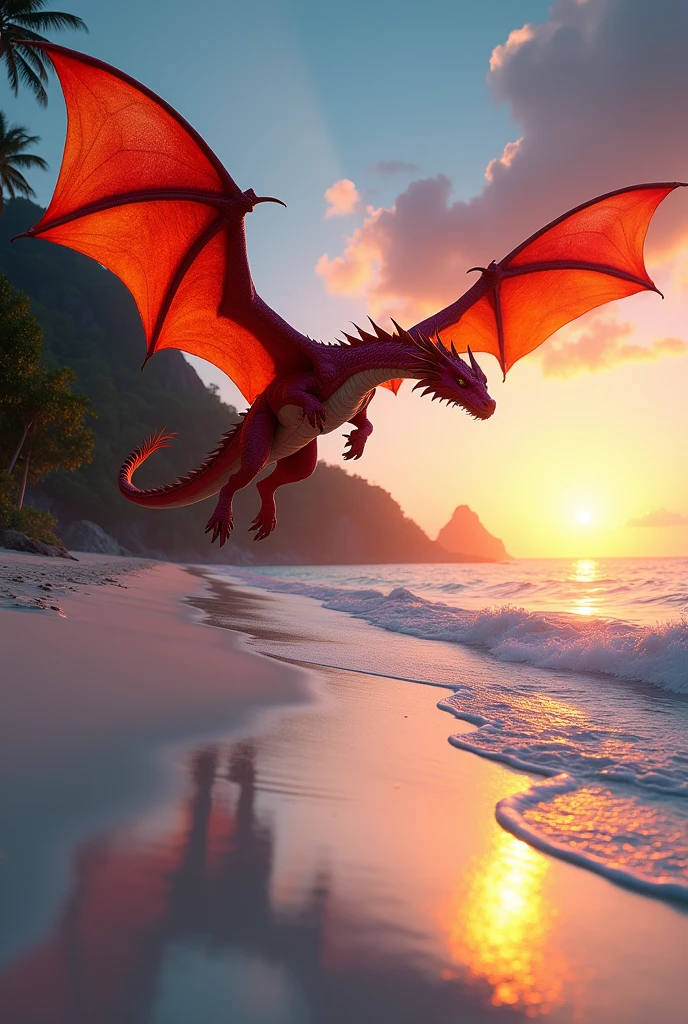 A hyper-realistic, cinematic scene of a majestic red medieval dragon flying with powerful wing strokes over a tropical beach. Its gleaming, intricately detailed scales reflect the deep orange and pink hues of the sunset. The tropical beach features fine white sand and crystal-clear blue waves gently washing ashore, framed by a dense, lush exotic forest with subtle bioluminescent plants glowing softly. The sunset casts a warm, diffused golden light over the landscape, contrasting with the cool blues of the water. Captured with a Nikon D850 in a wide-angle shot using a Nikon AF-S NIKKOR 14-24mm f/2.8G ED lens, the low-angle shot with a slight tilt emphasizes the grandeur of the dragon soaring above. The scene is photographed at f/8 for a deep depth of field, ensuring sharp focus from the dragon in the sky to the detailed texture of the sand and forest. The lighting is soft and golden, creating long shadows and enhancing the epic scale of the scene. The composition follows the Rule of Thirds and Leading Lines, with depth conveyed through the layered elements of the foreground, midground, and background. The dragon’s shadow interacts with the beach and waves, adding a realistic connection between the subject and the environment, while the subtle glow from the forest enhances the magical atmosphere.