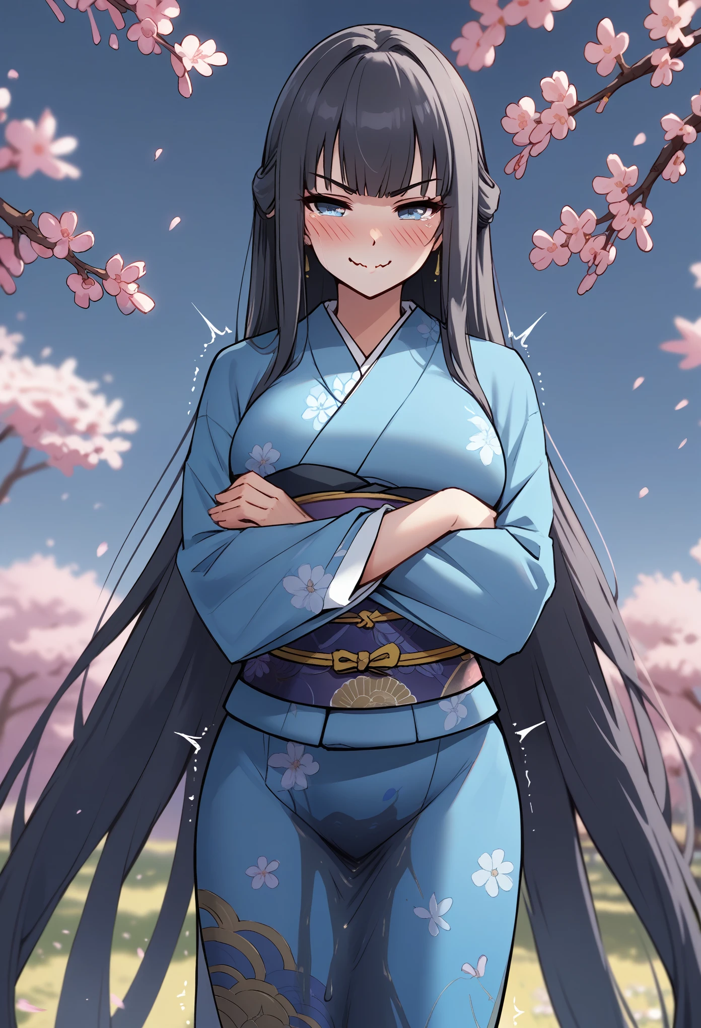 1girl, woman, (wetting self:1.25), desperation, (very long hair:1.5), straight hair, very long bangs, huge breasts, black hair, blue eyes, furisode, kimono, dark blue kimono, yellow furisode, (blushing:1.5), aroused, orgasm, (smirk:1.5), (wavy mouth:1.25), (tears:1.25), (trembling:1.5), (arms crossed:2.0), field, cherry blossoms