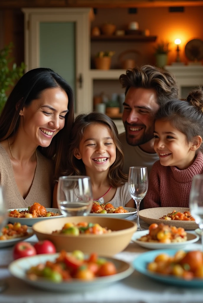 A smiling family sharing a meal in a warm and inviting atmosphere, with details that suggest the presence of the product without showing it directly.
