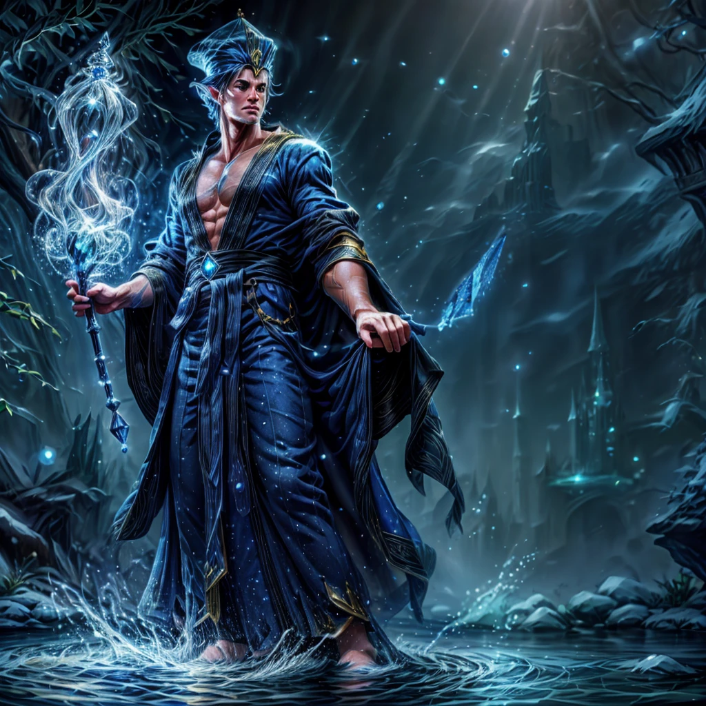 a muscular handsome young wizard, extremely detailed face, short hairstyle, looking at the viewer majestically, sapphire blue robe, sapphire crystal wand, sexy look, wizard hat, smooth skin, standing on a lake, doing water magic,