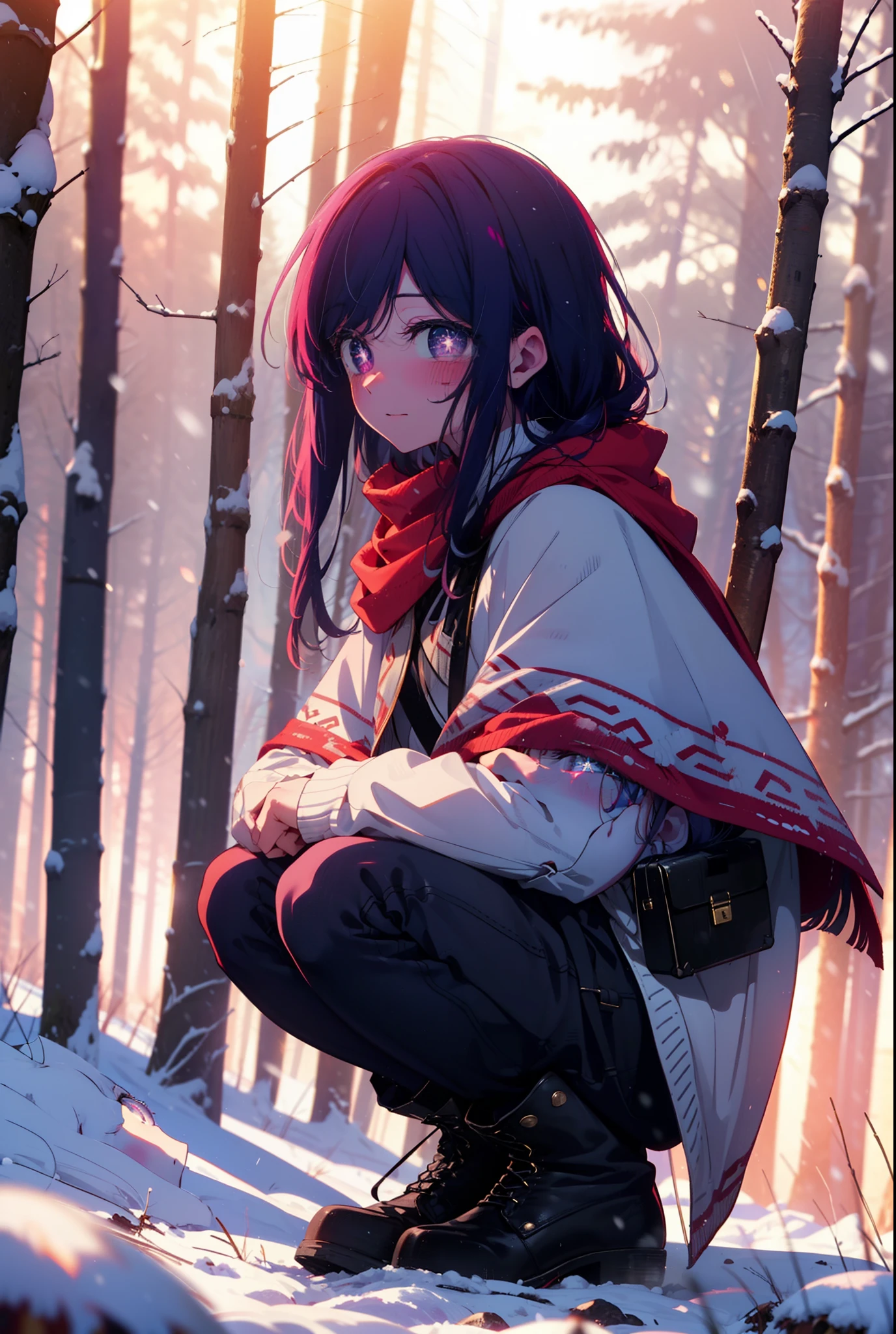 aihoshino, Ai Hoshino, Long Hair, bangs, (Purple eyes:1.1), Purple Hair, (Symbol-shaped pupil:1.5), smile,,smile,blush,white breath,
Open your mouth,snow,Ground bonfire, Outdoor, boots, snowing, From the side, wood, suitcase, Cape, Blurred, , forest, White handbag, nature, Squat, Mouth closed, Cape, winter, Written boundary depth, Black shoes, red Cape break looking at viewer, Upper Body, whole body, break Outdoor, forest, nature, break (masterpiece:1.2), Highest quality, High resolution, unity 8k wallpaper, (shape:0.8), (Beautiful and beautiful eyes:1.6), Highly detailed face, Perfect lighting, Highly detailed CG, (Perfect hands, Perfect Anatomy),