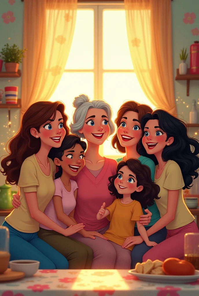 A grandma, four women and a girl, white skin Disney style drawing