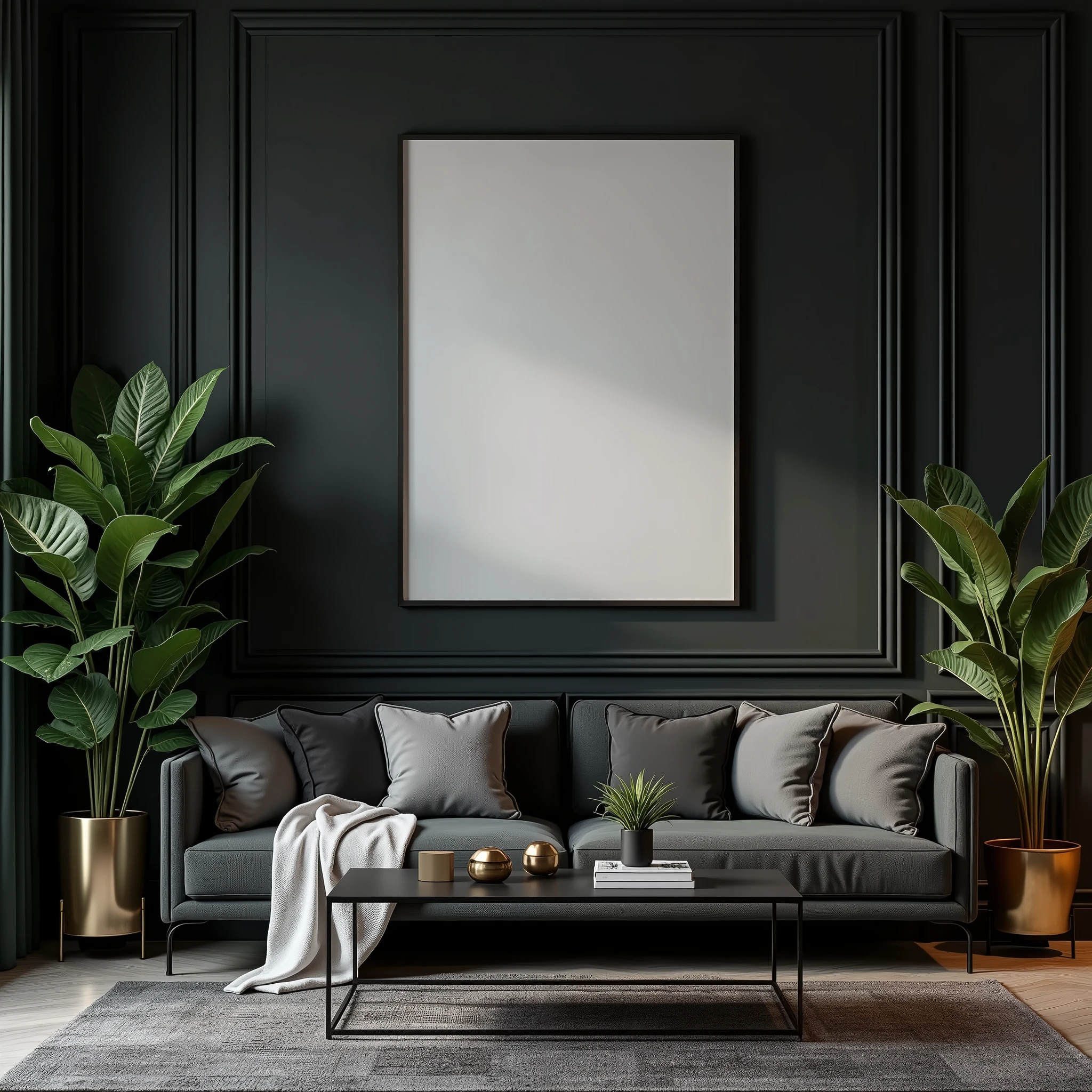 A4-sized black frame with a blank canvas, featured in a luxury living room. The dark color palette, combined with green plants and subtle metallic accents, highlights the minimalist yet opulent style of the room, emphasizing the frame's central position.