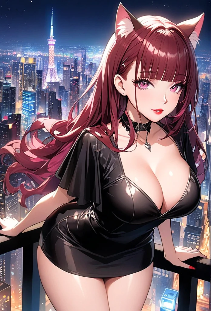 full body, city lights, minidress, cleavage, city background, 1girl, maroon red hair,(shiny lipstick) (pink eyes), long hair, detailed face, cat ears, medium breasts, cleavage, long eyelashes, mature, (smirk, closed lips, big plump lips, eyeshadow) shiny skin, beautiful eyes,(detailed eyes, sharp eyes, clear pupils:0.8), blunt bangs, wispy bangs, slim body, red lipstick