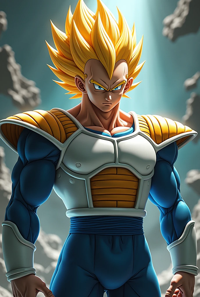 8k portrait of muscular vegeta, yellow hair, blue eyes, intricate, elegant, highly detailed, full body, majestic, digital photography, art by artgerm and ruan jia and greg rutkowski, black hair, beardless face, broken glass (masterpiece, side lighting, beautiful finely detailed eyes: 1.2 ), hdr,