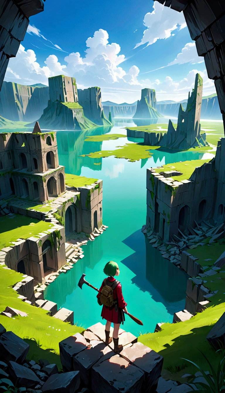 Canyon Ruins Taiju Pickaxe Explorer Explorer Clothes Green Hair Adult Woman Short Hair Ruins Large Lake Absurd Large Expansive Sky Nature