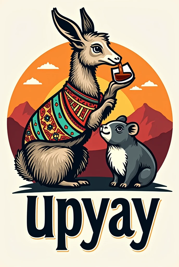 Create a logo for a bar. Inspired by a Peruvian vicuña drinking and offering whiskey with a Peruvian guinea pig. It includes Inca designs from the Peruvian highlands and is extravagant and youthful.. Includes the Upyay name of the bar. Make it the same as the previous image but in a circular shape.