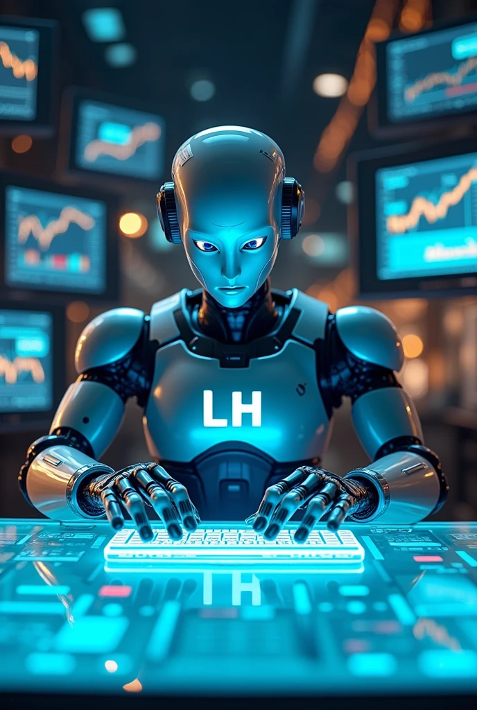 Futuristic robot operating the stock market, with LH letters on the chest, and with several monitors around him, with stock market graphics. The robot sitting at a table operating the stock market.
The robot typing. Robot facing forward with blue eyes.