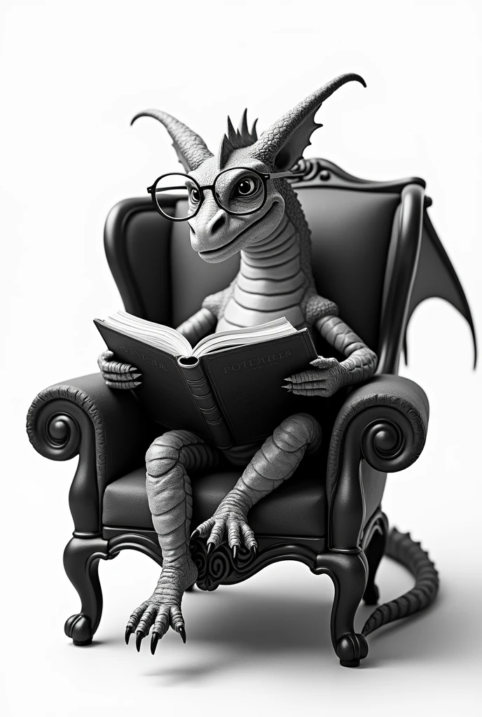 A dragon wearing glasses sits in a chair reading a book.. in black and white, with the camera a little bit to the left of the Dragon, a little bit up, No scenario, and the white scenario