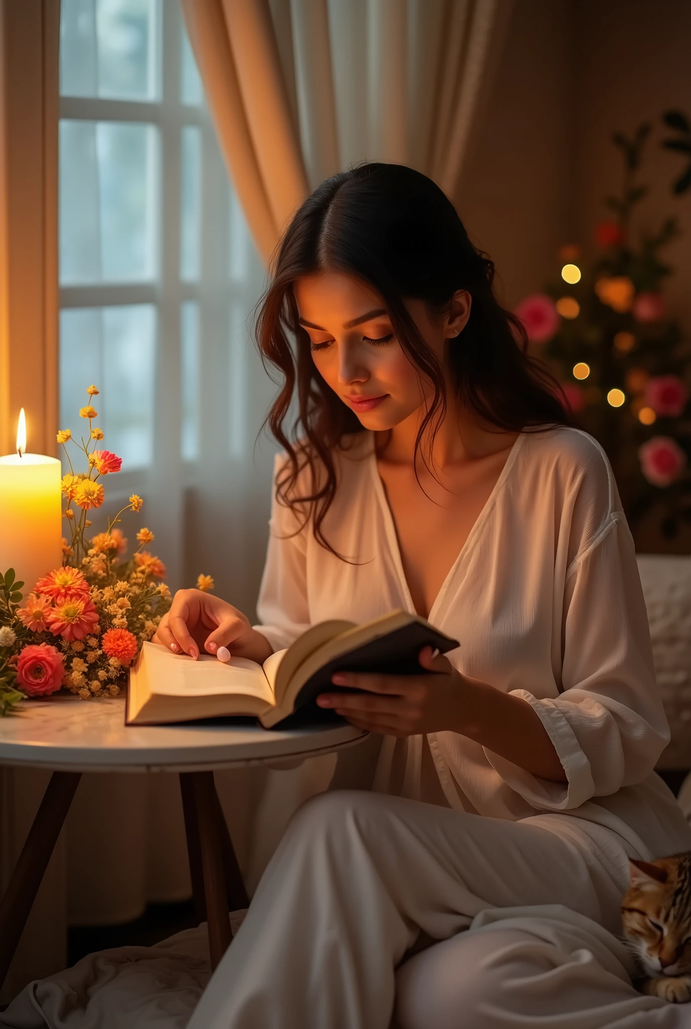 La belle femme arabe lit un livre à la douce lumière des bougies, vêtue d'un pyjama blanc transparent, menant une vie confortable, avec de longs rideaux, des fleurs sur la table, un chat endormi,